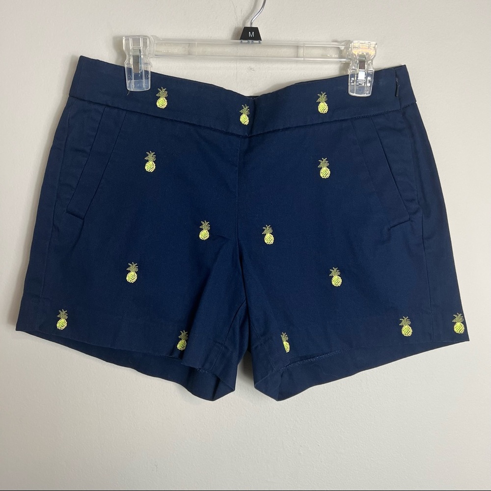 J Crew Flat Front Chino Shorts-Blue-Embroidered Pineapples-Size 6-NWT